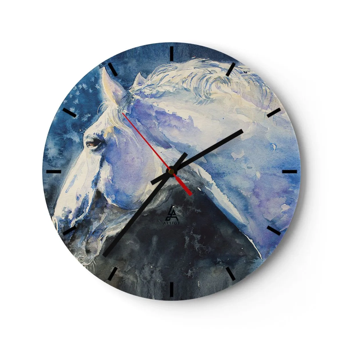 Ceas de perete - Ceas pe sticlă - Portret artistic al unui cal în nuanțe de albastru și alb - 30x30cm - Portret într-o strălucire albastră - Decorațiune modernă pentru perete pentru living, bucătărie și dormitor ARTTOR