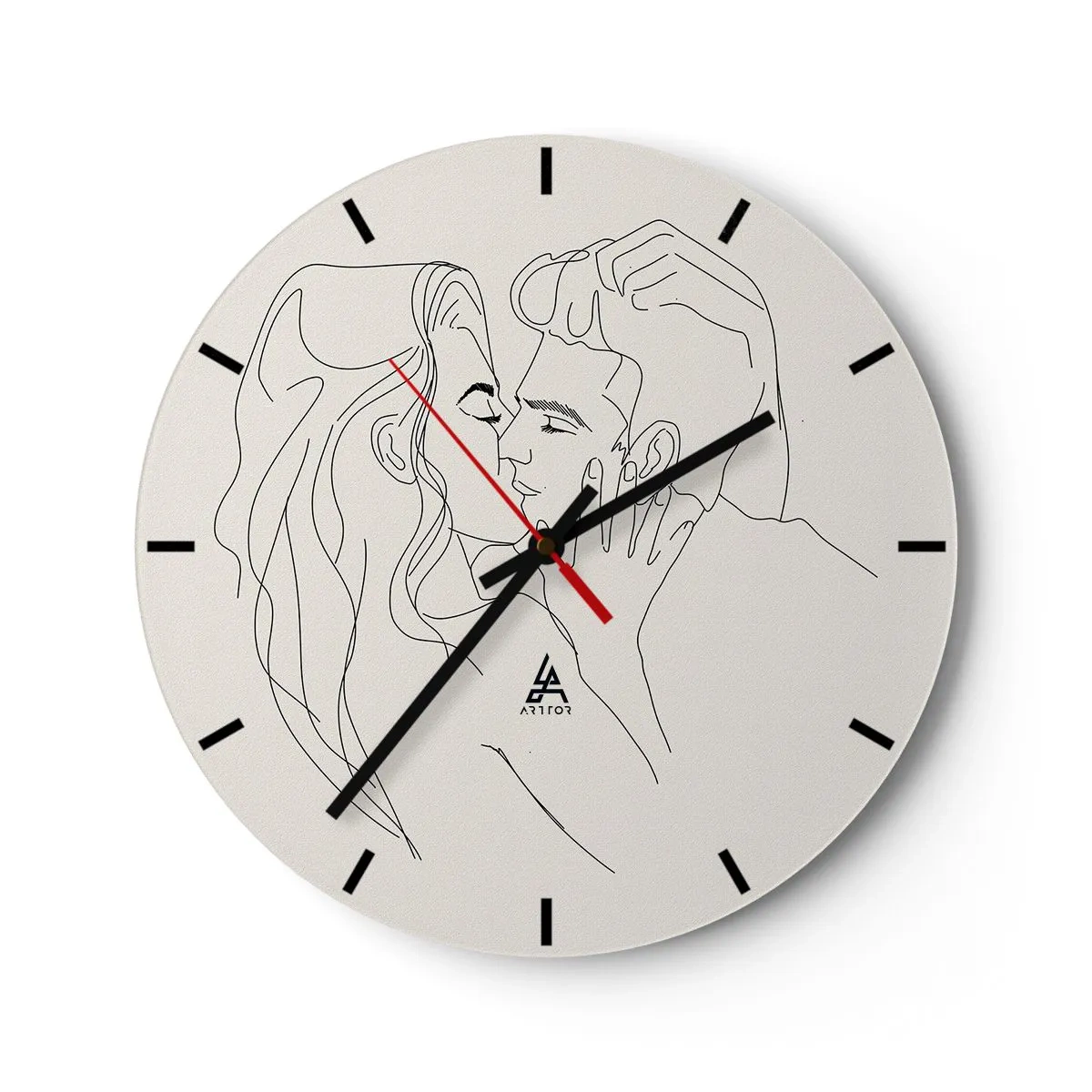 Ceas de perete - Ceas pe sticlă - Un desen animat minimalist al unui cuplu îndrăgostit - 30x30cm - Încurcați în sentimente - Decorațiune modernă pentru perete pentru living, bucătărie și dormitor ARTTOR