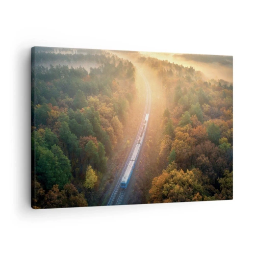 Tablou pe pânză Canvas - Un tren într-o pădure de toamnă în zori - 70x50cm - Călătorie de toamnă - Decorațiune modernă pentru perete pentru living și dormitor ARTTOR