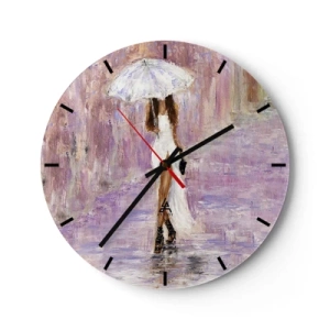 Ceas de perete - Ceas pe sticlă - Figura unei femei cu o umbrelă în ploaie, pe un fundal liliac - 30x30cm - În ploaia de liliac - Decorațiune modernă pentru perete pentru living, bucătărie și dormitor ARTTOR
