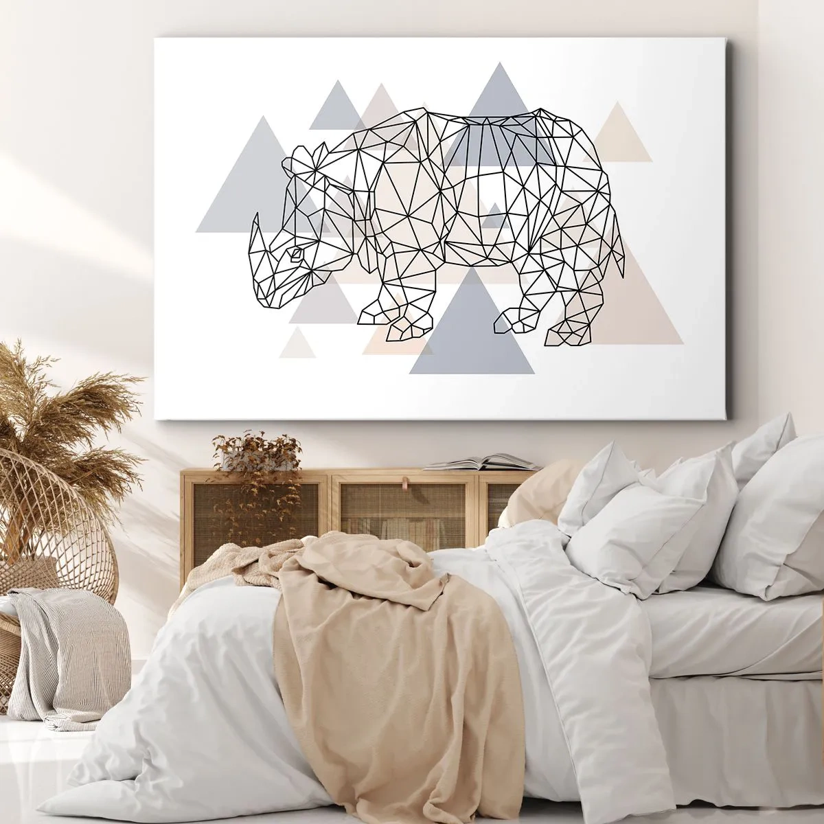Tablou pe pânză Canvas - Rinocer geometric pe un fundal de triunghiuri delicate - 70x50cm - Structura forței - Decorațiune modernă pentru perete pentru living și dormitor ARTTOR