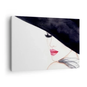 Tablou pe pânză Canvas - O ilustrație subtilă a unei femei cu o pălărie neagră și buze roșii - 70x50cm - Eleganță și senzualitate - Decorațiune modernă pentru perete pentru living și dormitor ARTTOR