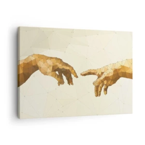 Tablou pe pânză Canvas - Mâini geometrice care se întind una spre alta pe un fundal deschis - 70x50cm - Geometrie divină - Decorațiune modernă pentru perete pentru living și dormitor ARTTOR