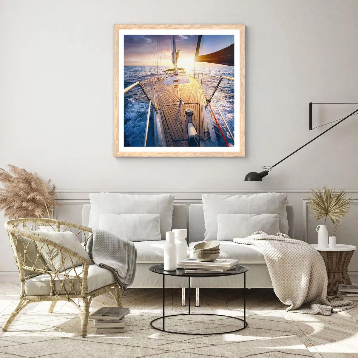 Poster în ramă de stejar deschis - Alergând pe valuri - 40x40 cm