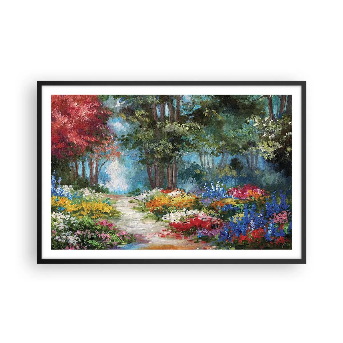Poster în ramă neagră - Grădină de pădure, pădure de flori - 91x61 cm