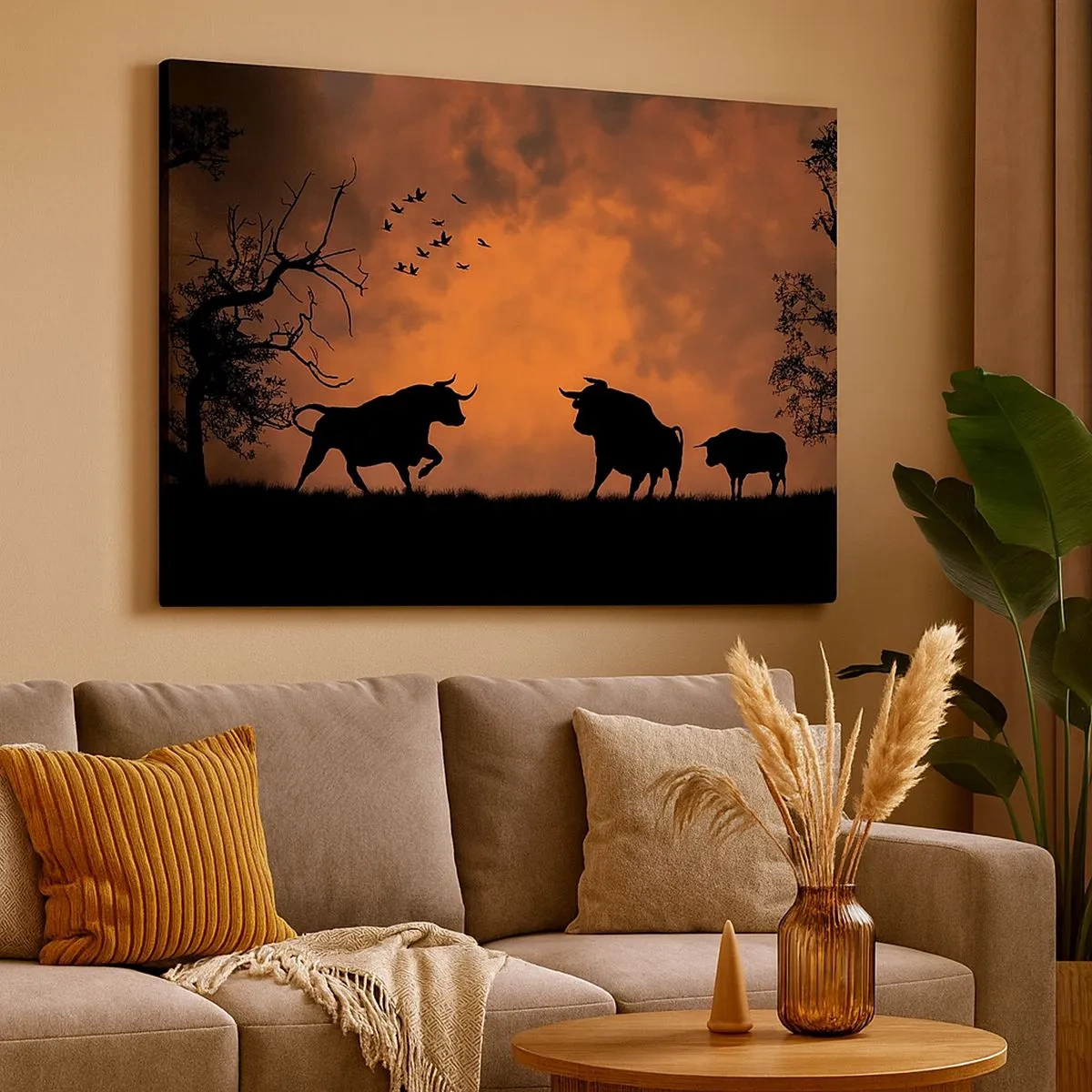 Tablou pe pânză Canvas - Siluete de tauri pe un cer portocaliu la apus - 70x50cm - Spectacolul dramatic al naturii - Decorațiune modernă pentru perete pentru living și dormitor ARTTOR