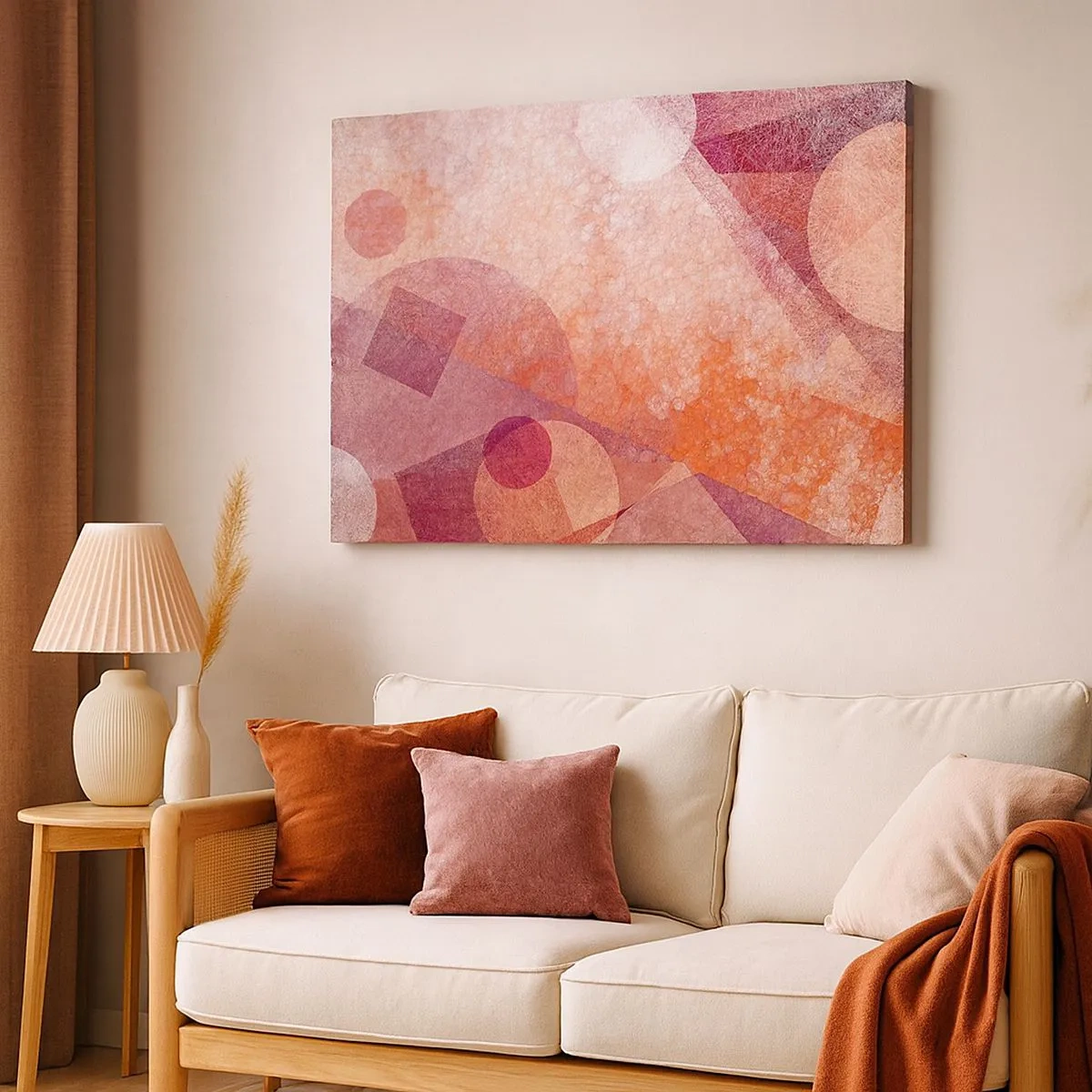Tablou pe pânză Canvas - Forme geometrice abstracte în nuanțe pastelate de roz - 70x50cm - Transformări geometrice în roz - Decorațiune modernă pentru perete pentru living și dormitor ARTTOR