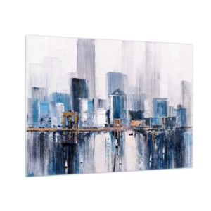 Tablou pe sticlă - Panoramă abstractă a orașului cu zgârie-nori și un pod în culori reci - 70x50cm - Impresie de New York - Decorațiune modernă pentru perete pentru living și dormitor ARTTOR