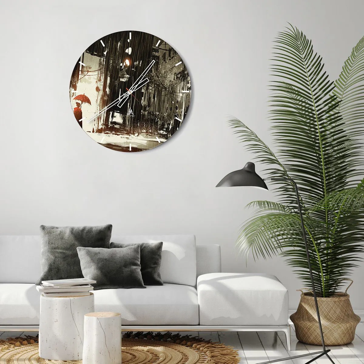 Ceas de perete - Ceas pe sticlă - O scenă cu o umbrelă pe o stradă ploioasă - 30x30cm - Poezia umbrelei roșii - Decorațiune modernă pentru perete pentru living, bucătărie și dormitor ARTTOR