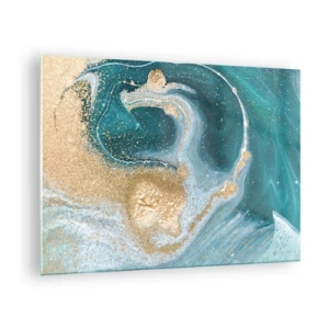 Tablou pe sticlă - Aur pe valuri turcoaz într-un stil abstract - 70x50cm - Vârtej de aur și turcoaz - Decorațiune modernă pentru perete pentru living și dormitor ARTTOR