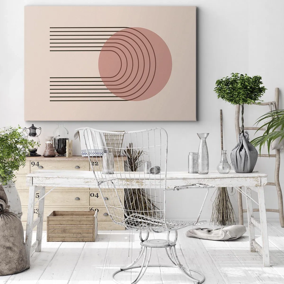 Tablou pe pânză Canvas - Motiv abstract cu cerc roz și linii - 70x50cm - Atracție irezistibilă - Decorațiune modernă pentru perete pentru living și dormitor ARTTOR