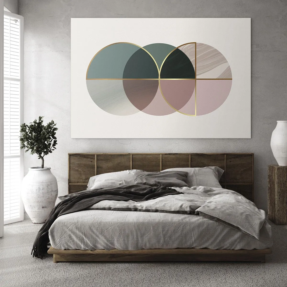 Tablou pe sticlă - Forme geometrice cu nuanțe de verde și roz pe un fundal deschis - 70x50cm - Roată cu roată… - Decorațiune modernă pentru perete pentru living și dormitor ARTTOR
