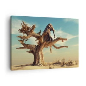 Tablou pe pânză Canvas - Un elefant stând pe un copac într-un peisaj suprarealist - 70x50cm - Un nou punct de vedere - Decorațiune modernă pentru perete pentru living și dormitor ARTTOR