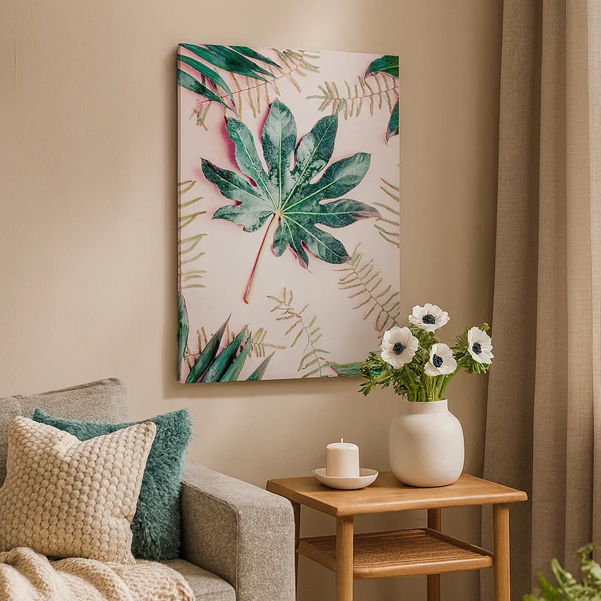 Tablou pe pânză - Studiu de verdeață pe un fundal roz - 50x70 cm