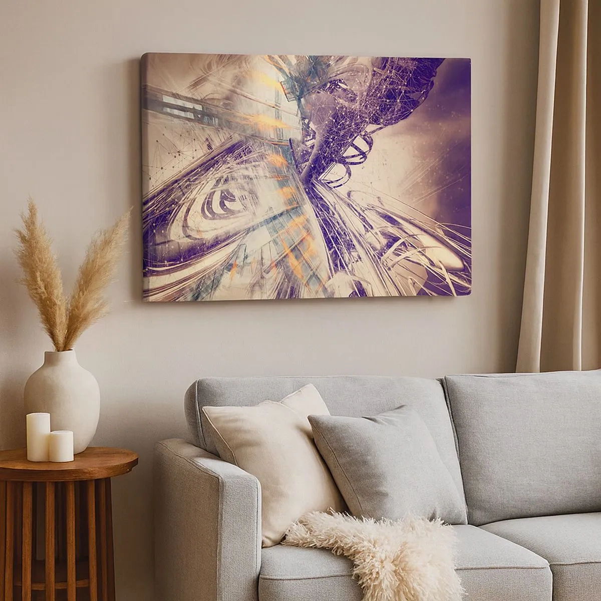Tablou pe pânză Canvas - Abstracție dinamică în nuanțe de bej și violet - 70x50cm - În marea grabă - Decorațiune modernă pentru perete pentru living și dormitor ARTTOR