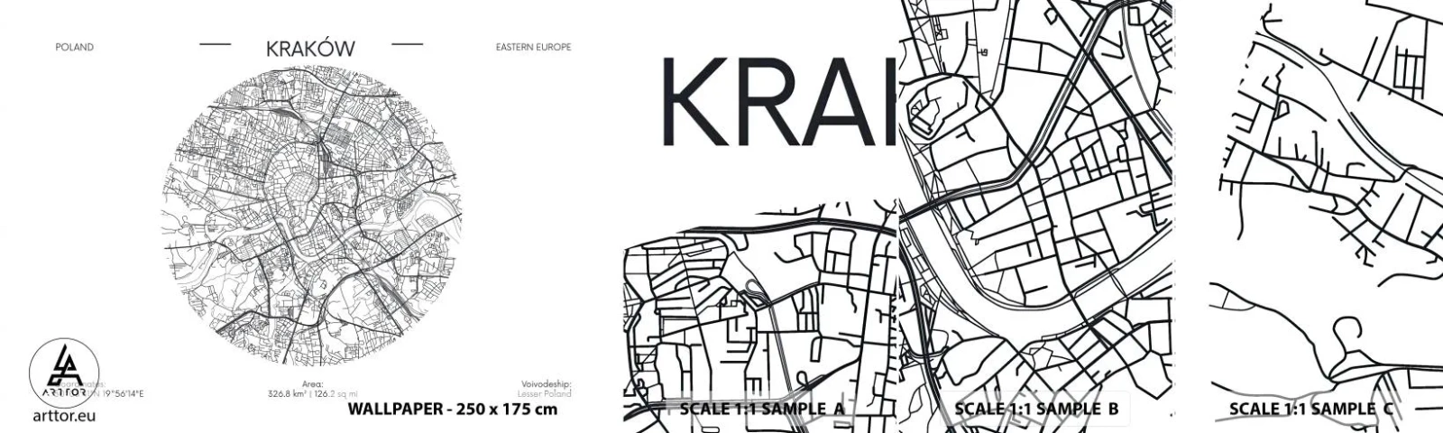 Mostră tapet autocolant Deluxe Sticker - Anatomia Cracoviei - Hartă, Cracovia, Polonia - 100x30 cm