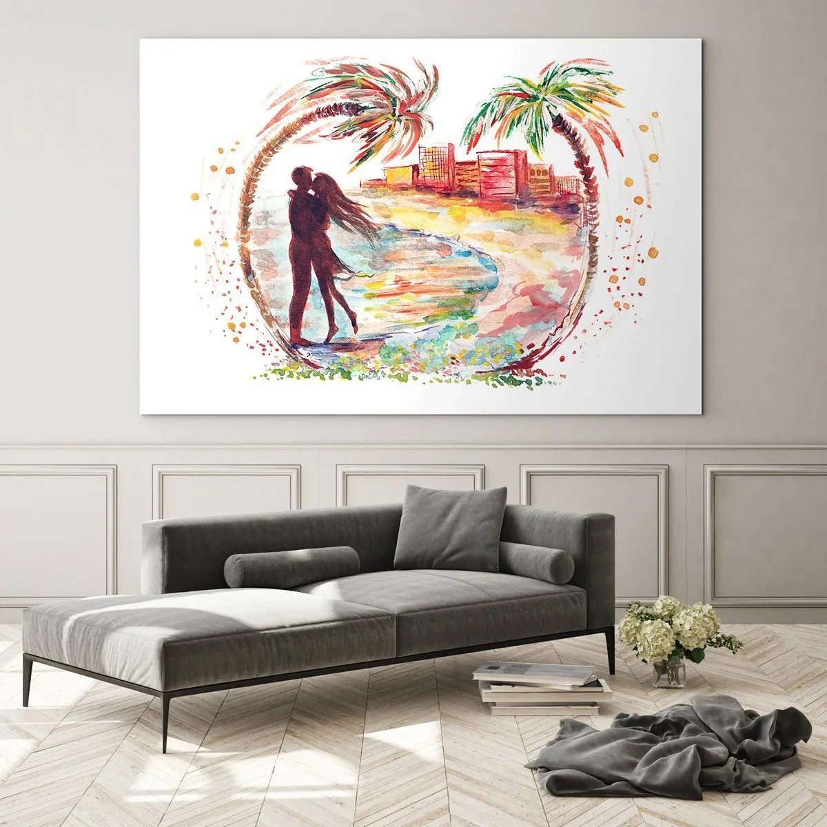 Tablou pe sticlă - Cuplu romantic într-un cadru tropical cu palmieri - 70x50cm - Vacanța romantică - Decorațiune modernă pentru perete pentru living și dormitor ARTTOR