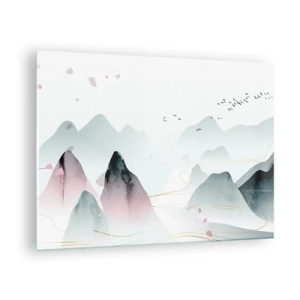 Tablou pe sticlă - Munți pastelați cu un stol de păsări zburătoare și linii aurii - 70x50cm - Peste vârfuri - Decorațiune modernă pentru perete pentru living și dormitor ARTTOR