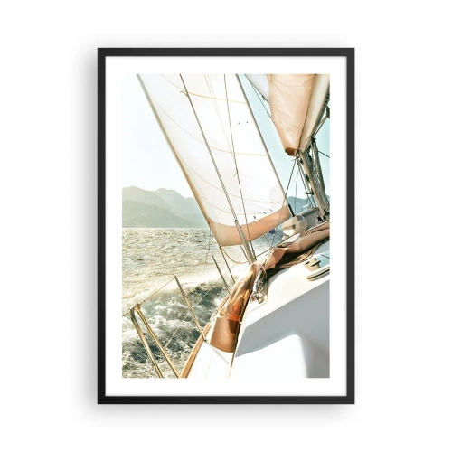 Poster în ramă neagră - Un iaht cu pânze deschise pe marea deschisă, la soare - 50x70cm - Pânzele umflate de vânt - Decorațiune modernă pentru perete pentru living și dormitor ARTTOR