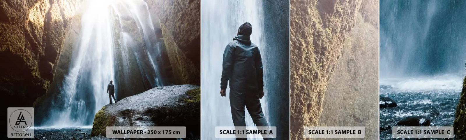 Mostră tapet autocolant Deluxe Sticker - Restabilirea proporțiilor - Cascadă, Stânci, Peşteră - 100x30 cm