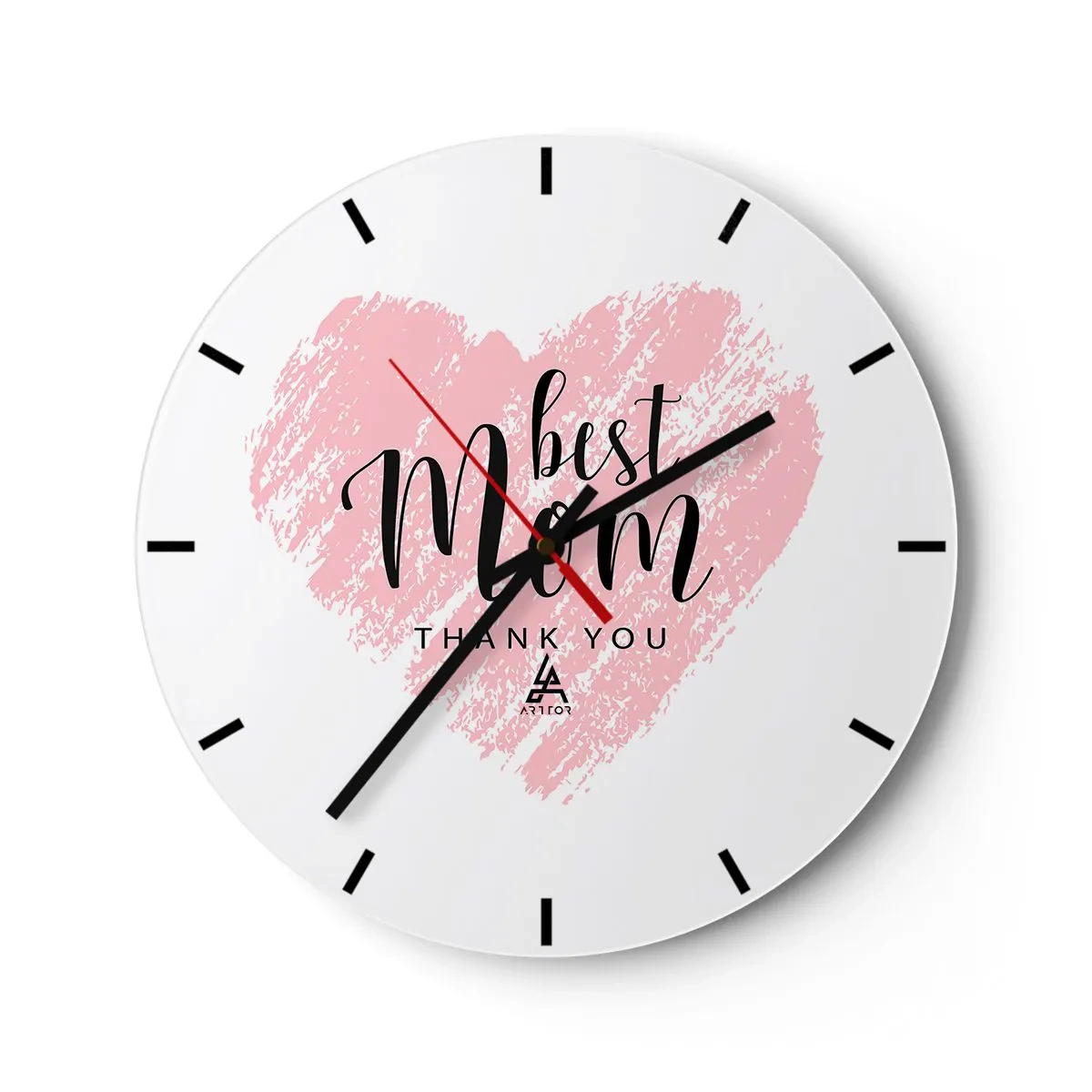 Ceas de perete - Ceas pe sticlă - O inimă roz cu cuvintele „cea mai bună mamă” pe un fundal alb - 30x30cm - Întotdeauna la momentul potrivit - Decorațiune modernă pentru perete pentru living, bucătărie și dormitor ARTTOR