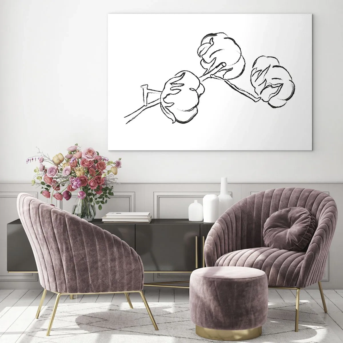 Tablou pe sticlă - O schiță minimalistă a unei crenguțe de bumbac în linii negre. - 70x50cm - Pufuri de bumbac - Decorațiune modernă pentru perete pentru living și dormitor ARTTOR