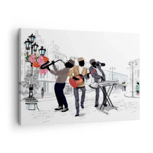 Tablou pe pânză Canvas - Muzicieni stradali cântând pe fundalul unui peisaj urban - 70x50cm - Muzică străzii - Decorațiune modernă pentru perete pentru living și dormitor ARTTOR