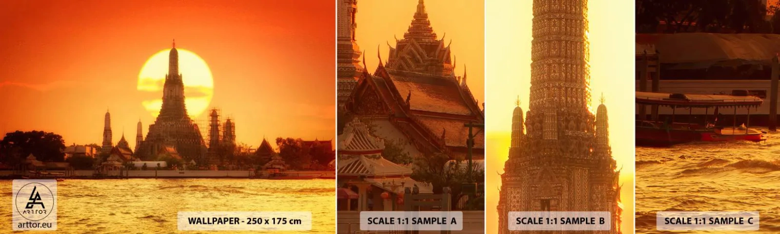 Mostră tapet autocolant Deluxe Sticker - Spre soare, mereu spre soare - Bangkok, Templul zorilor, Tailanda - 100x30 cm