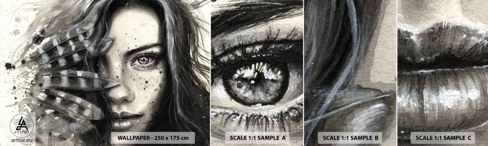 Mostră tapet autocolant Deluxe Sticker - Frumusețe sălbatică - Femeie, Pene de păsări, Grafică - 100x30 cm