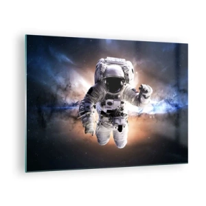 Tablou pe sticlă - Astronautul în spațiu cu o galaxie în fundal - 70x50cm - Salutări din spațiul cosmic - Decorațiune modernă pentru perete pentru living și dormitor ARTTOR