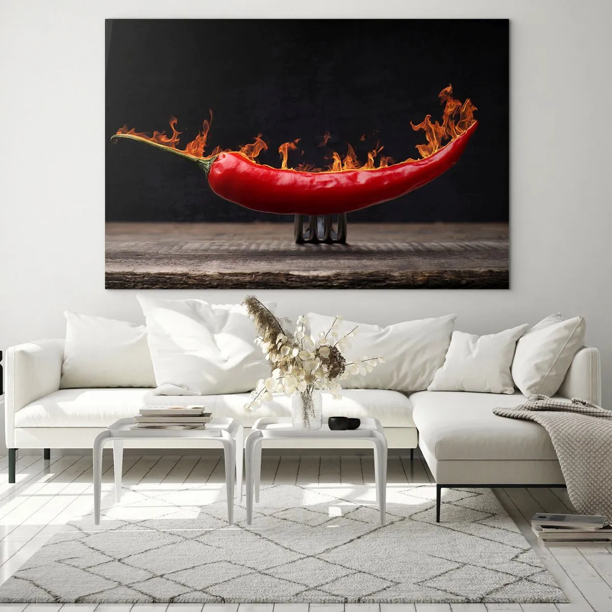 Tablou pe sticlă - Ardei iute roșu aprins pe fundal negru - 70x50cm - O gustare înflăcărată - Decorațiune modernă pentru perete pentru living și dormitor ARTTOR