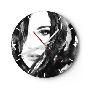 Ceas de perete - Ceas pe sticlă - Portret de femeie în alb-negru, în stil acuarelă - 30x30cm - Studiu unei dame în alb și negru - Decorațiune modernă pentru perete pentru living, bucătărie și dormitor ARTTOR