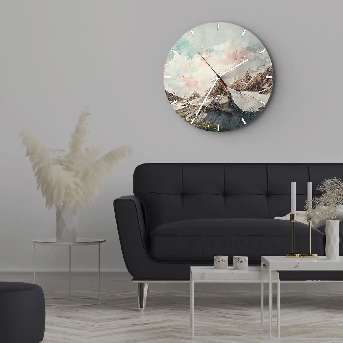 Ceas de perete - Ceas pe sticlă - Vârfuri de munte picturale pe un cer înnorat pastelat - 30x30cm - Lame de piatră - Decorațiune modernă pentru perete pentru living, bucătărie și dormitor ARTTOR