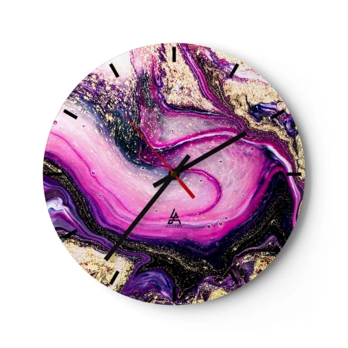 Ceas de perete - Ceas pe sticlă - Un model abstract în nuanțe de violet și auriu, cu un motiv învârtitor. - 30x30cm - Un moment în culise - Decorațiune modernă pentru perete pentru living, bucătărie și dormitor ARTTOR