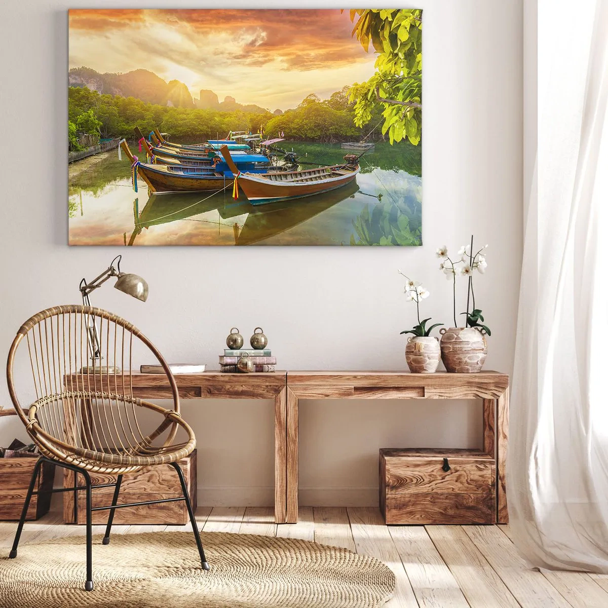 Tablou pe pânză Canvas - Bărci tradiționale pe ape calme la apus - 70x50cm - Înainte de o zi plină - Decorațiune modernă pentru perete pentru living și dormitor ARTTOR