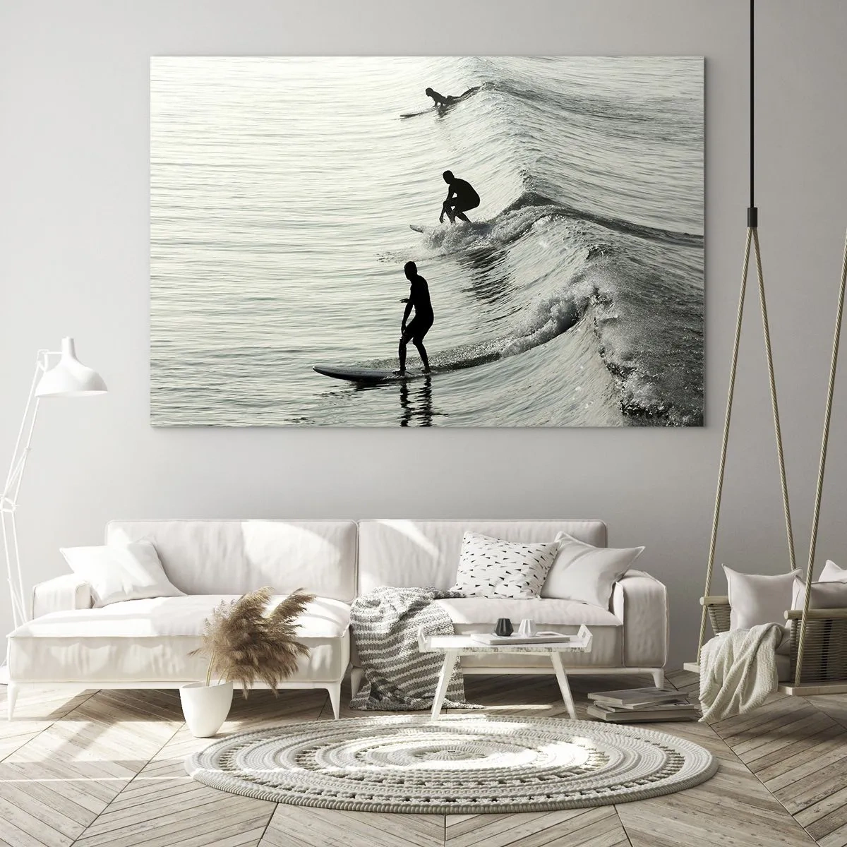 Tablou pe sticlă - Trei surferi care călăresc valurile dimineața - 70x50cm - Pentru a întâmpina valul - Decorațiune modernă pentru perete pentru living și dormitor ARTTOR
