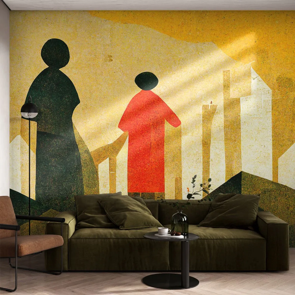 Tapet Standard Eco - Figuri geometrice pe un fundal de dealuri și coloane galbene - 100x70cm - Încă un drum lung de parcurs - Decorațiune modernă pentru perete pentru living și dormitor ARTTOR