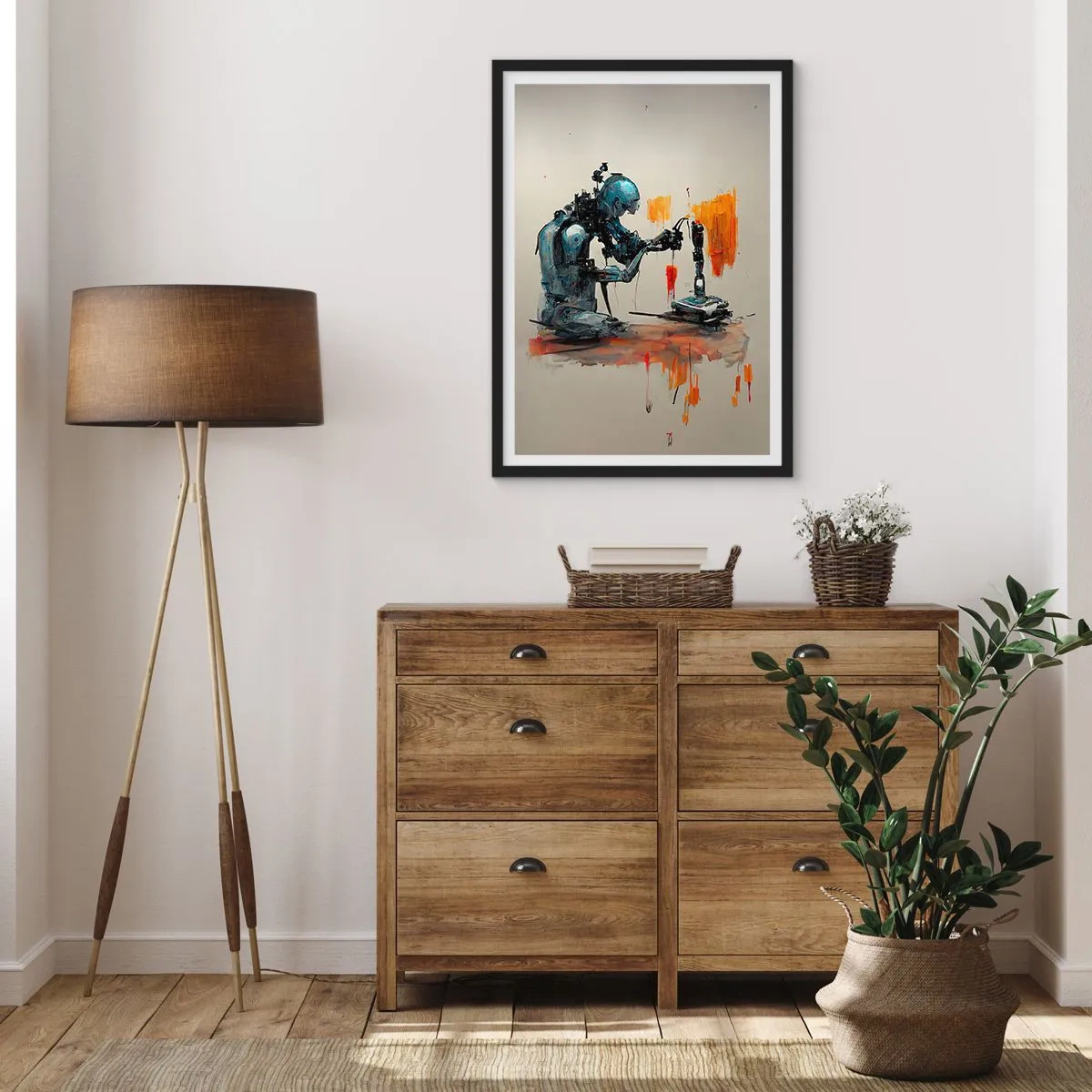 Poster în ramă neagră - Un robot cibernetic în actul de creare a artei. - 50x70cm - Vine ziua de mâine..... - Decorațiune modernă pentru perete pentru living și dormitor ARTTOR