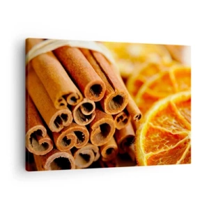 Tablou pe pânză Canvas - Bețișoare de scorțișoară cu felii de portocală uscate în culori calde - 70x50cm - Poți să le simți aroma? - Decorațiune modernă pentru perete pentru living și dormitor ARTTOR