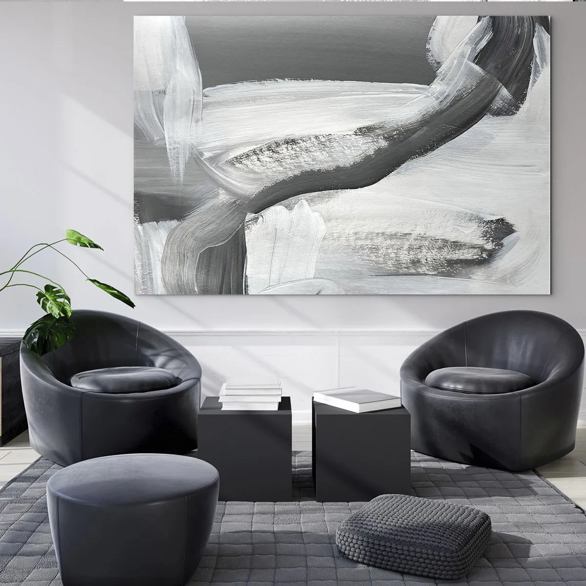 Tablou pe sticlă - Abstracție alb-negru cu tușe dinamice de pensulă. - 70x50cm - Cu o mișcare decisivă - Decorațiune modernă pentru perete pentru living și dormitor ARTTOR