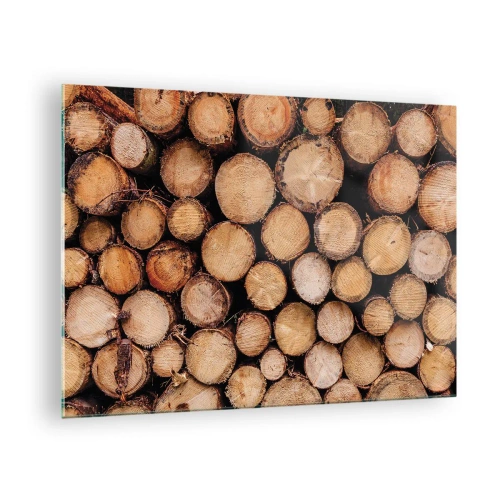 Tablou pe sticlă - Trunchiuri de copaci aranjate vertical cu inele de creștere vizibile - 70x50cm - Un nou început - Decorațiune modernă pentru perete pentru living și dormitor ARTTOR
