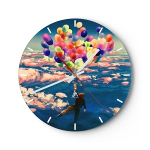 Ceas de perete - Ceas pe sticlă - figură plutind în aer cu baloane colorate - 30x30cm - Un vis din copilărie devenit realitate - Decorațiune modernă pentru perete pentru living, bucătărie și dormitor ARTTOR