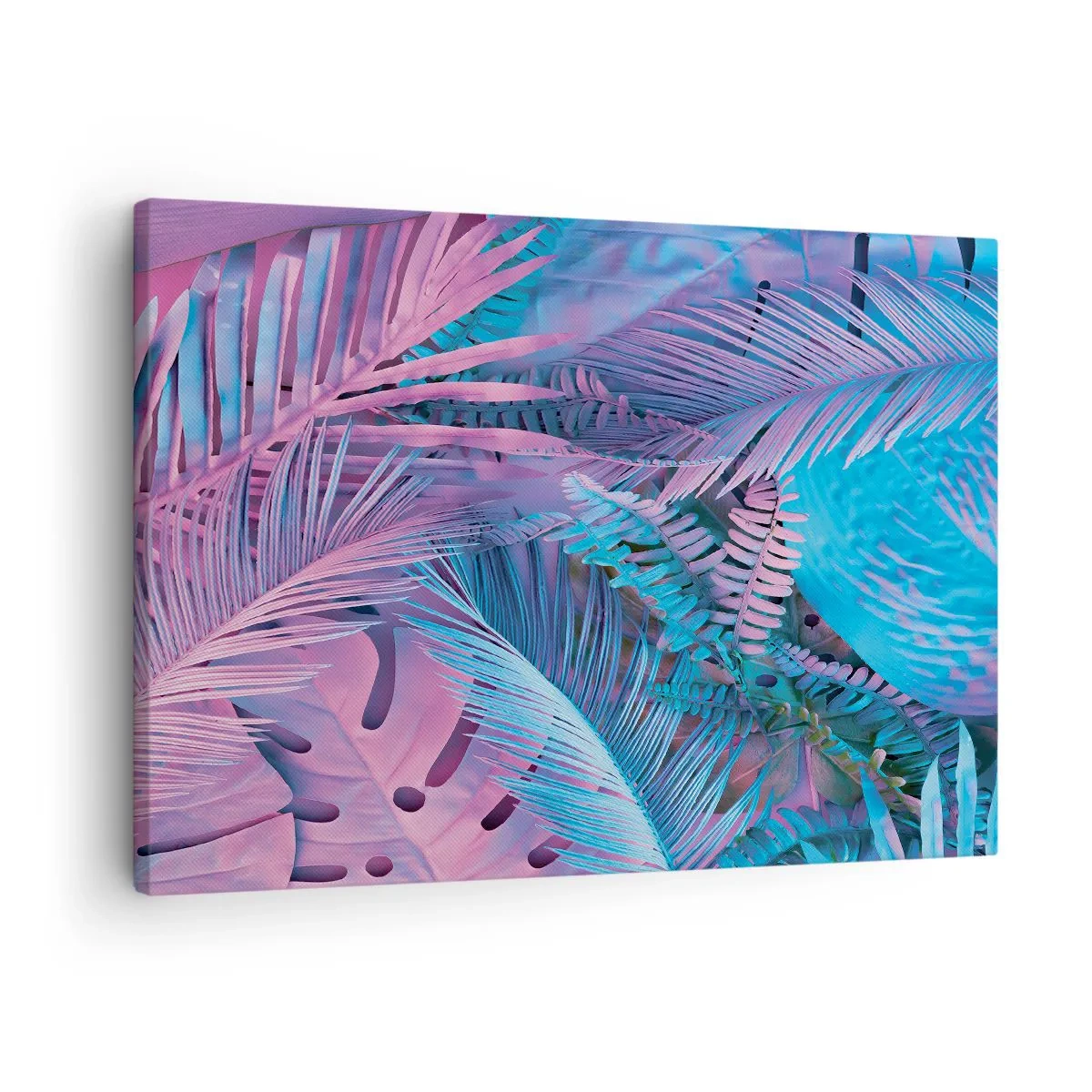 Tablou pe pânză Canvas - Frunze tropicale în nuanțe de roz și albastru - 70x50cm - Palmieri în alb și albastru - Decorațiune modernă pentru perete pentru living și dormitor ARTTOR