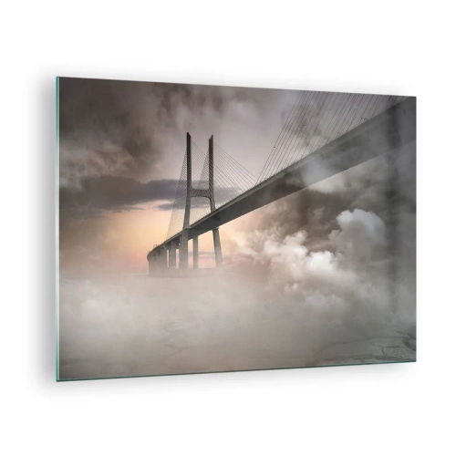Tablou pe sticlă - Un pod în ceață cu un cer dramatic și o perspectivă de profunzime - 70x50cm - Lângă un râu care nu există - Decorațiune modernă pentru perete pentru living și dormitor ARTTOR