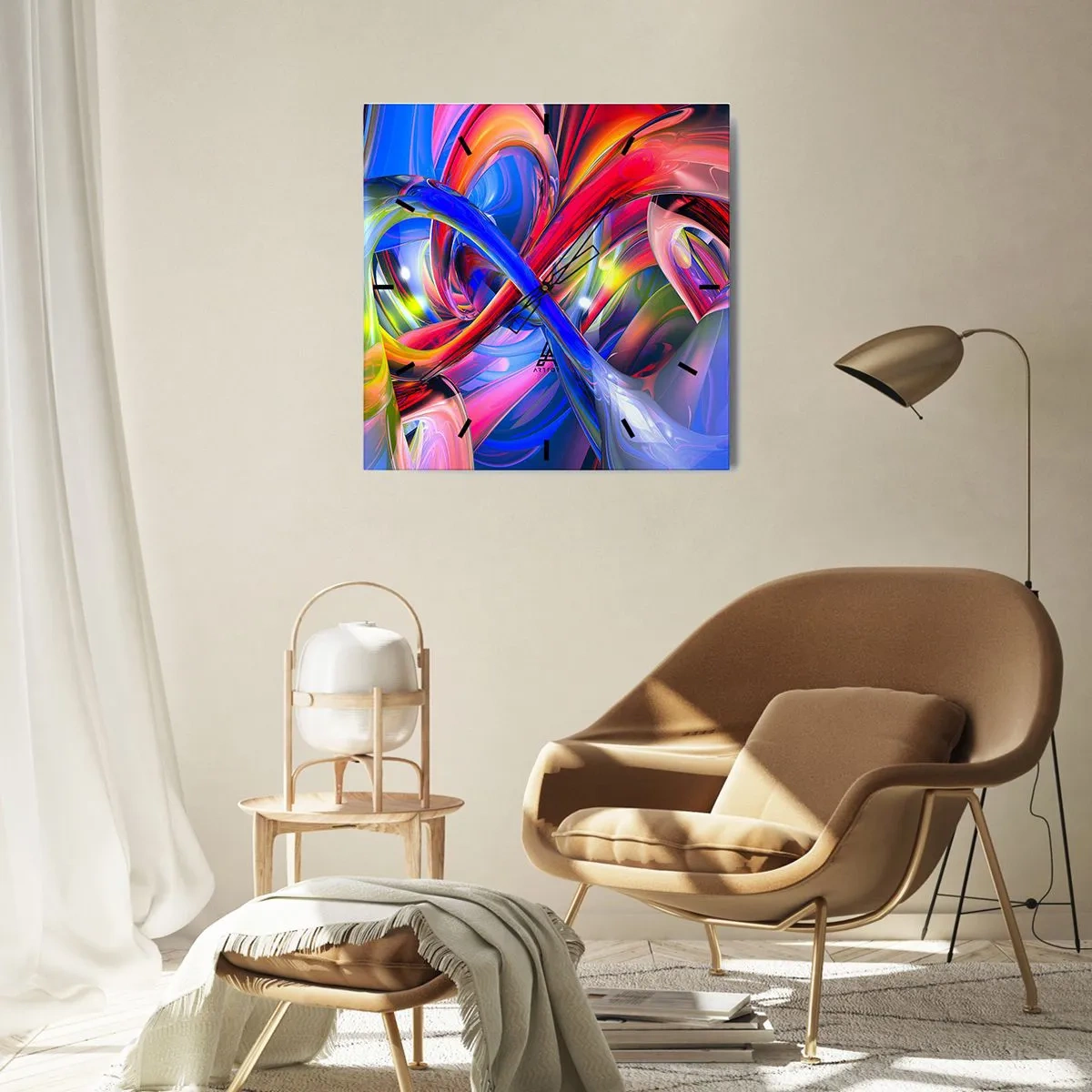 Ceas de perete - Ceas pe sticlă - Dansul culorilor - 40x40 cm