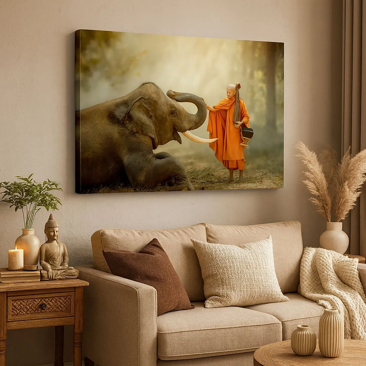 Tablou pe pânză Canvas - Un călugăr și un elefant în armonie pe fundalul naturii - 70x50cm - Întâlnire în călătorie - Decorațiune modernă pentru perete pentru living și dormitor ARTTOR
