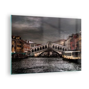 Tablou pe sticlă - Podul Rialto pe un cer înnorat - 70x50cm - Promisiunea unei seri venețiene - Decorațiune modernă pentru perete pentru living și dormitor ARTTOR