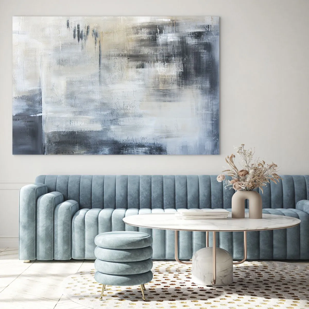Tablou pe sticlă - Compoziție abstractă în nuanțe de albastru și gri - 70x50cm - În spatele unui voal albastru - Decorațiune modernă pentru perete pentru living și dormitor ARTTOR