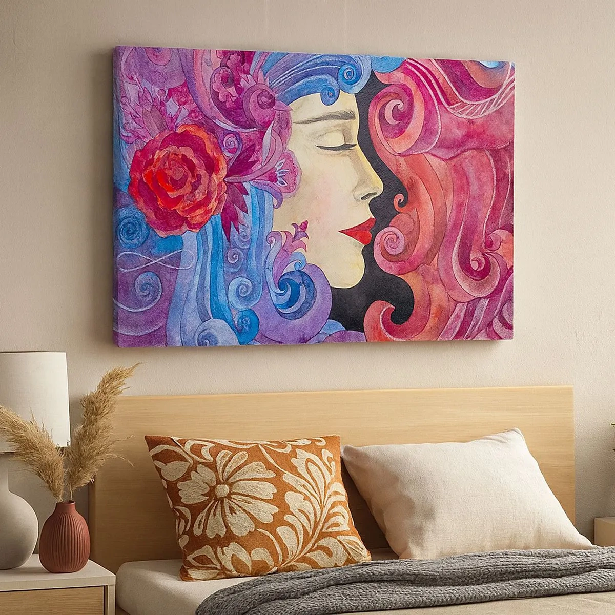 Tablou pe pânză Canvas - Profil colorat al unei femei într-un stil artistic - 70x50cm - Secesiunea mai trăiește - Decorațiune modernă pentru perete pentru living și dormitor ARTTOR