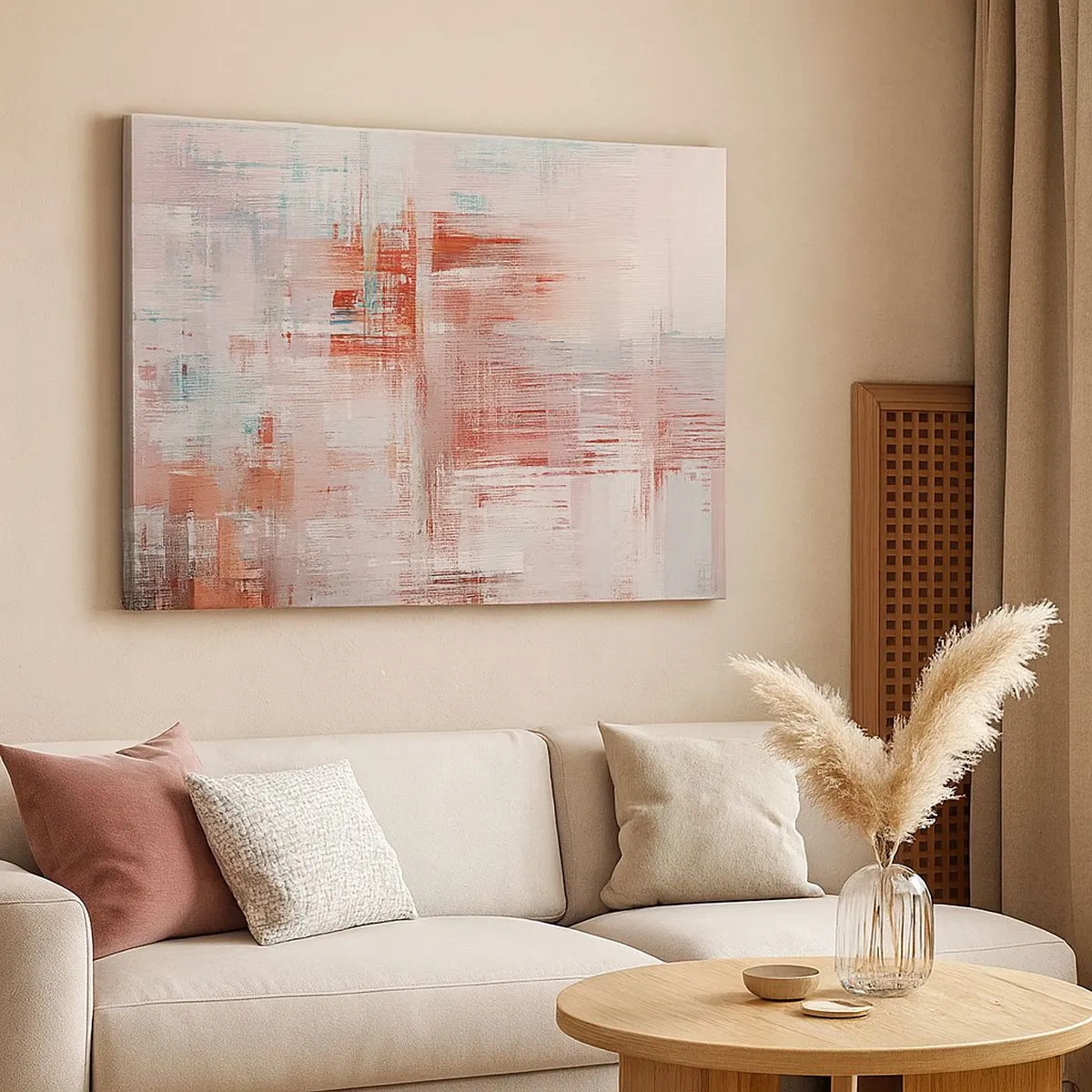 Tablou pe pânză Canvas - O compoziție abstractă cu nuanțe de roșu și culori pastelate. - 70x50cm - În ceață. Dar roz - Decorațiune modernă pentru perete pentru living și dormitor ARTTOR